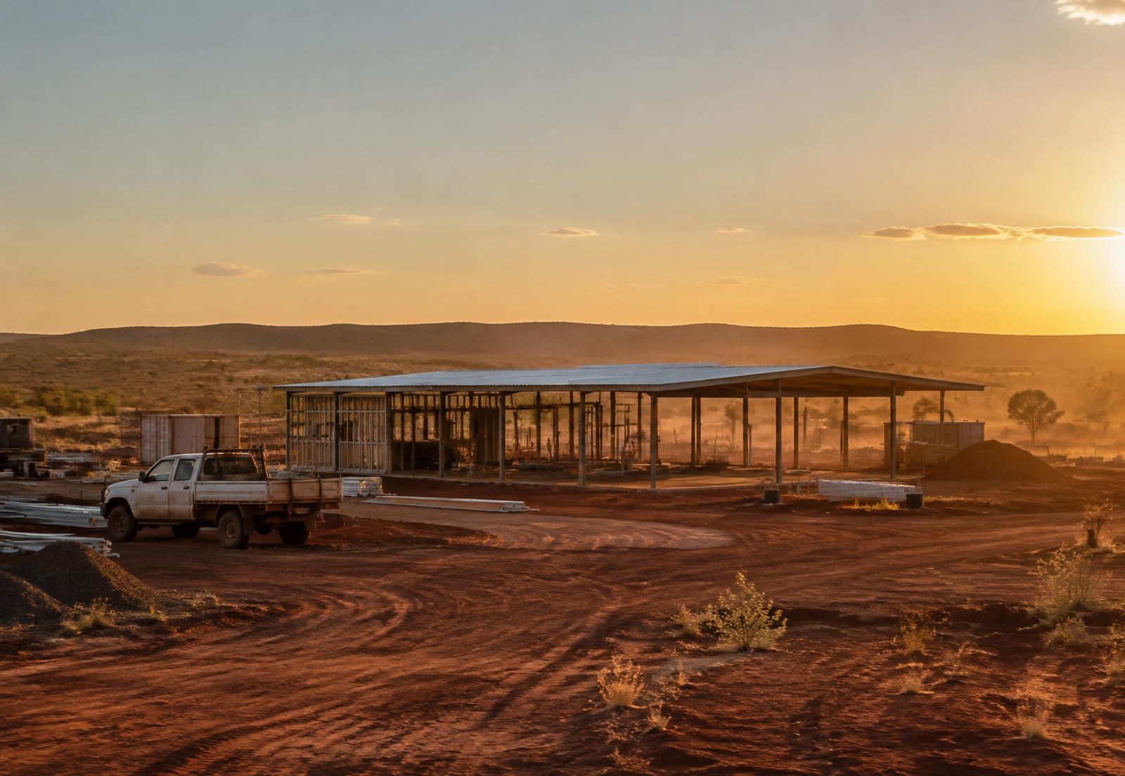 Steel-framed building under construction on red earth in a remote Northern Australian community at dusk
