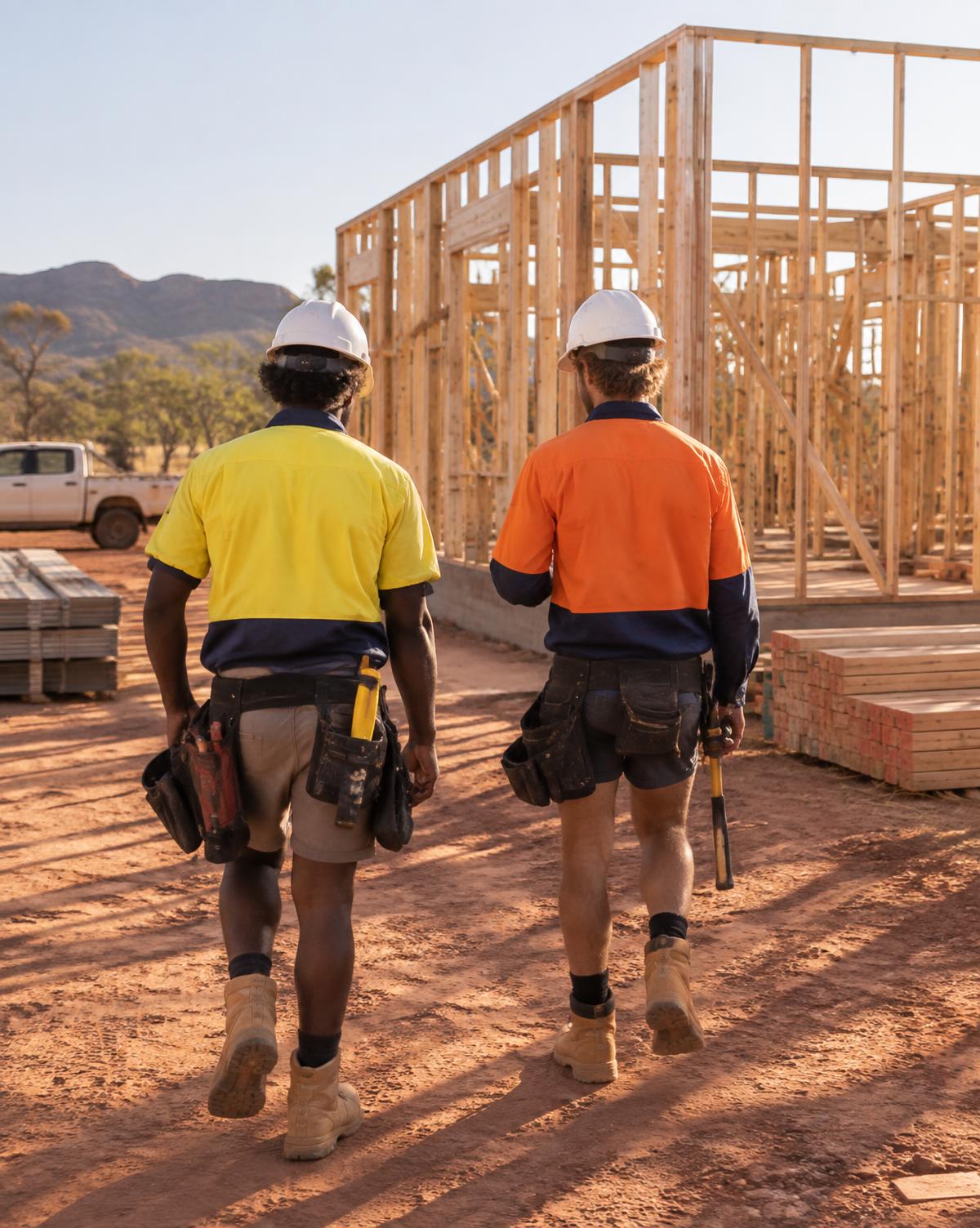 Two carpenters walking towards a timber-framed building on a red-earth Northern Territory site