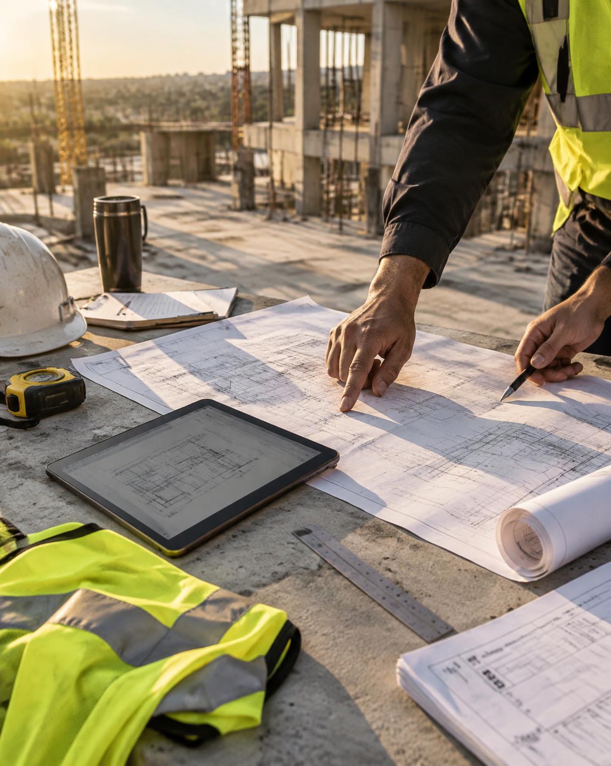 Construction drawings, tablet and hi-vis vest laid out on a concrete slab at a building site